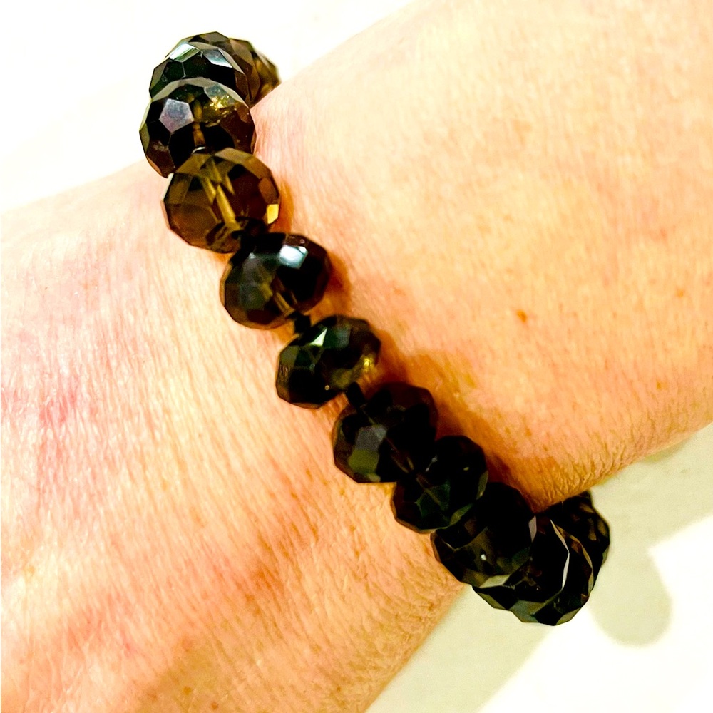 Vintage Faceted Smoky Brown Glass Bead Bracelet 925 Silver Clasp 8.5”